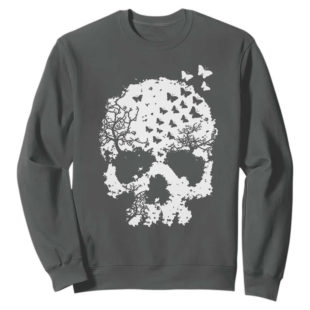 Dark Gothic Graphic Skull Floral Butterfly Sweatshirt TS12 Dark Heather Print Your Wear