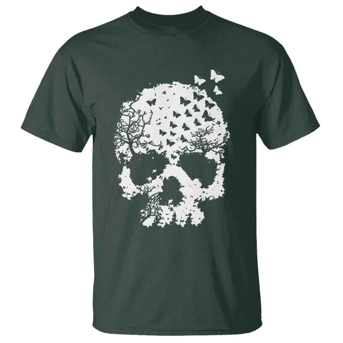 Dark Gothic Graphic Skull Floral Butterfly T Shirt TS12 Dark Forest Green Print Your Wear