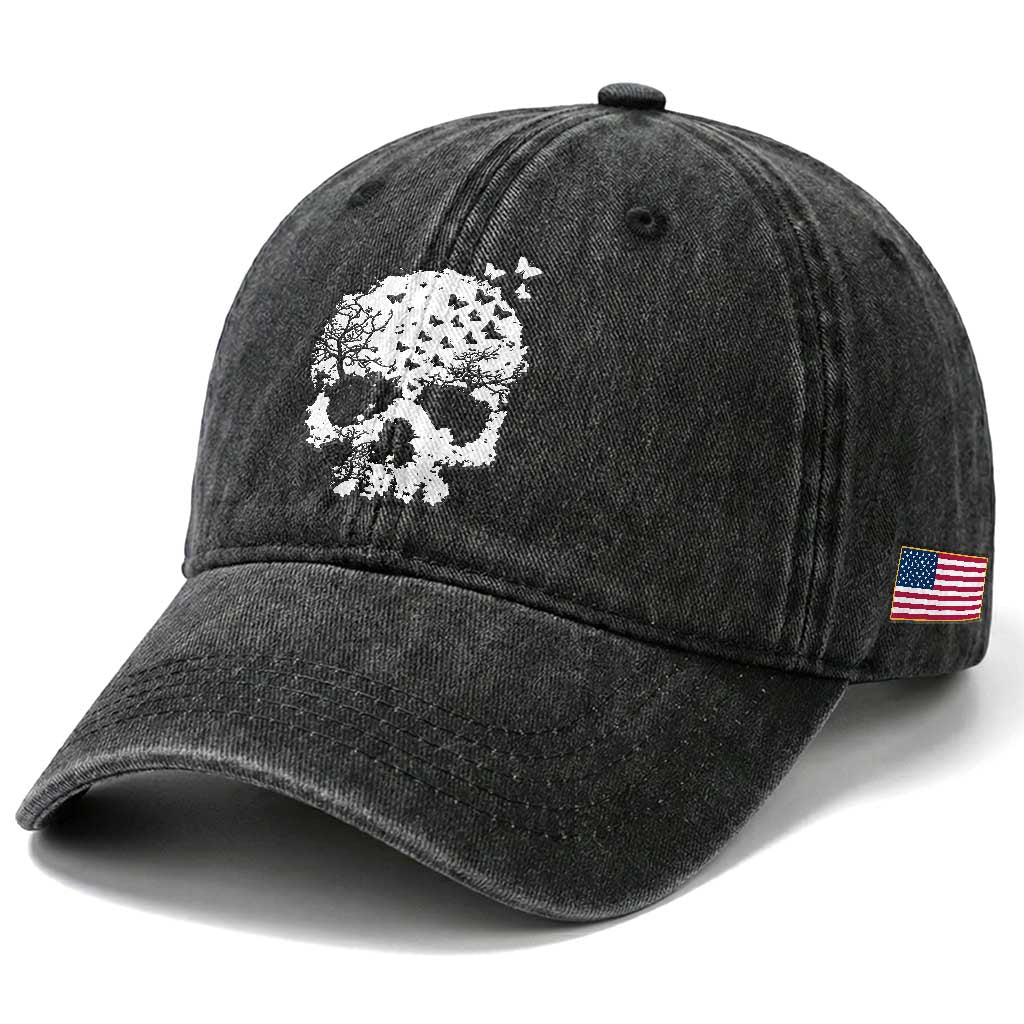 Dark Gothic Graphic Skull Floral Butterfly Washed Cotton Baseball Cap TS12 Print Your Wear