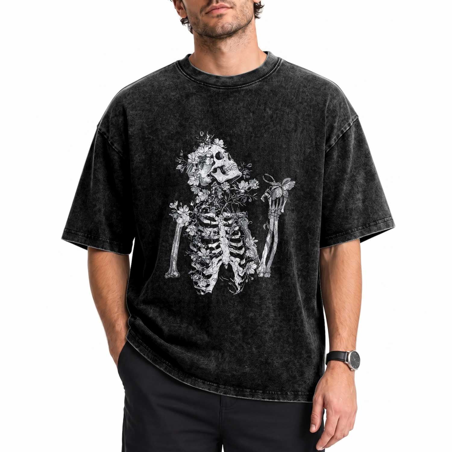Gothic Grunge Floral Skeleton Washed Cotton T-Shirt Dark Alternative Aesthetic For Women