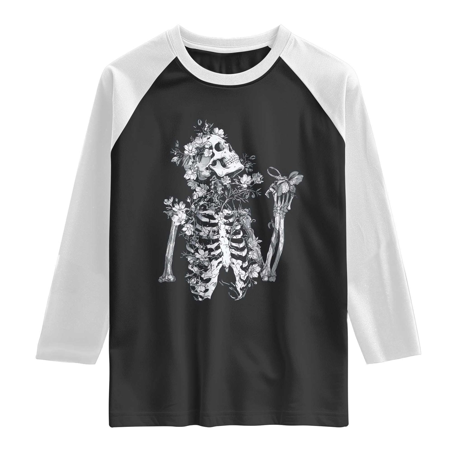 Gothic Grunge Floral Skeleton Raglan Shirt Dark Alternative Aesthetic For Women TS12 Black White Print Your Wear