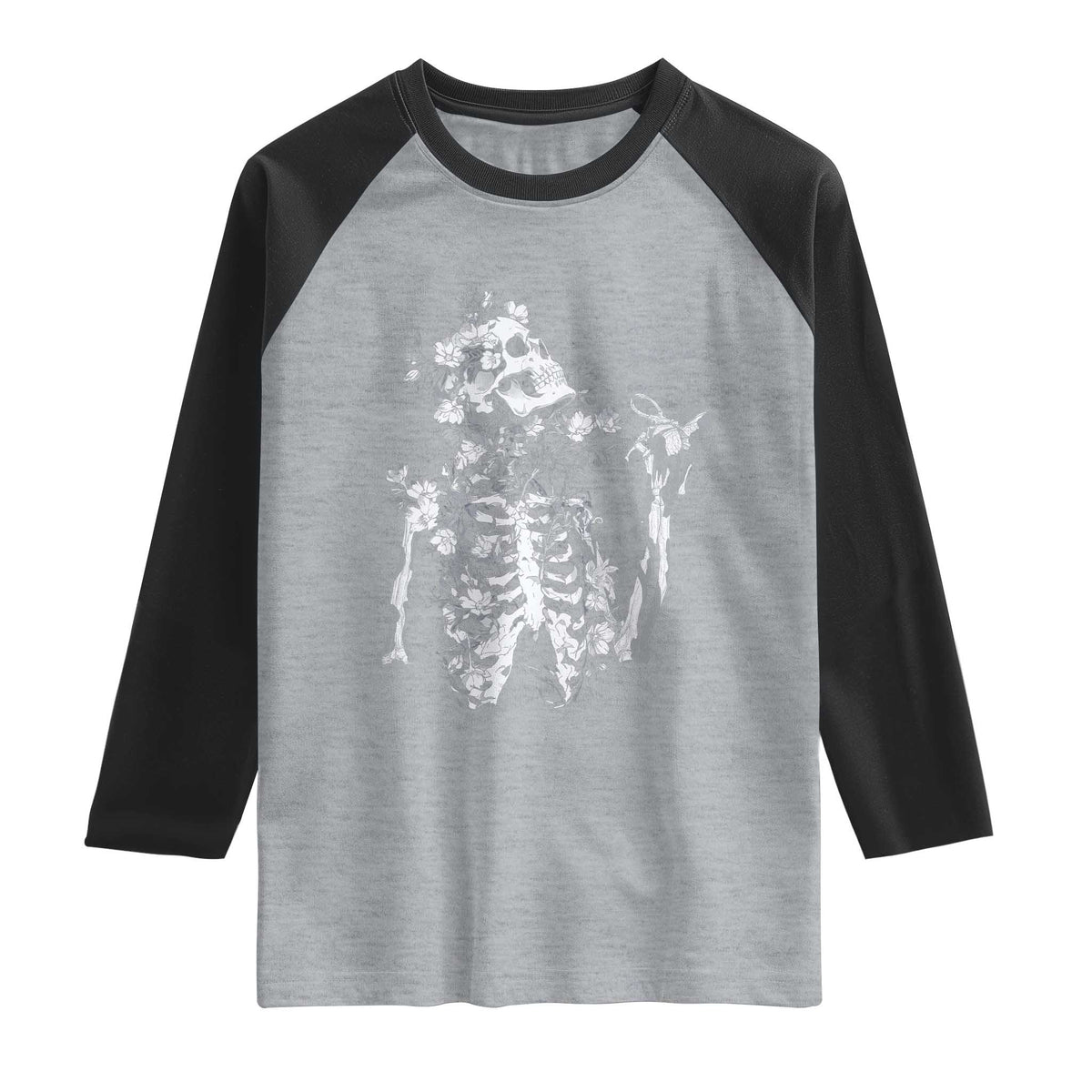 Gothic Grunge Floral Skeleton Raglan Shirt Dark Alternative Aesthetic For Women TS12 Heather Gray Black Print Your Wear