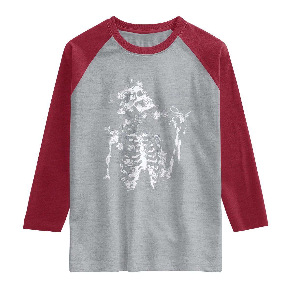 Gothic Grunge Floral Skeleton Raglan Shirt Dark Alternative Aesthetic For Women TS12 Heather Gray Heather Red Print Your Wear