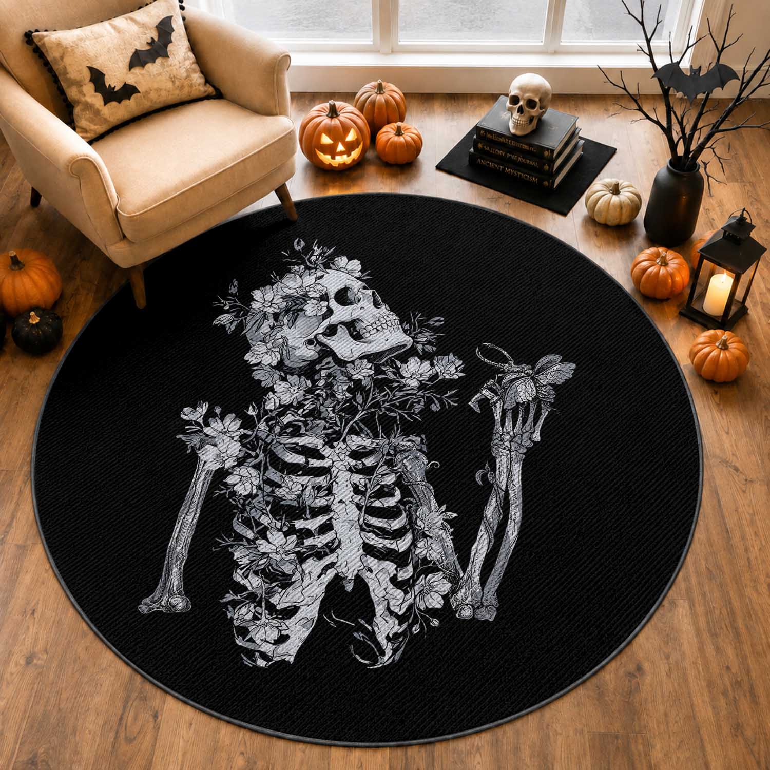 Gothic Grunge Floral Skeleton Round Rug Dark Alternative Aesthetic For Women