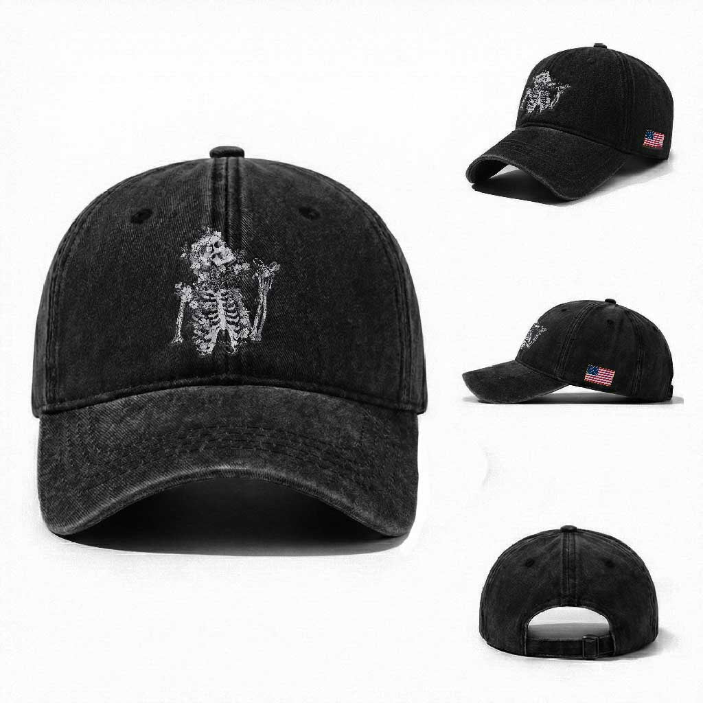 Gothic Grunge Floral Skeleton Washed Cotton Baseball Cap Dark Alternative Aesthetic For Women TS12 Washed Cap Universal Fit Black Print Your Wear