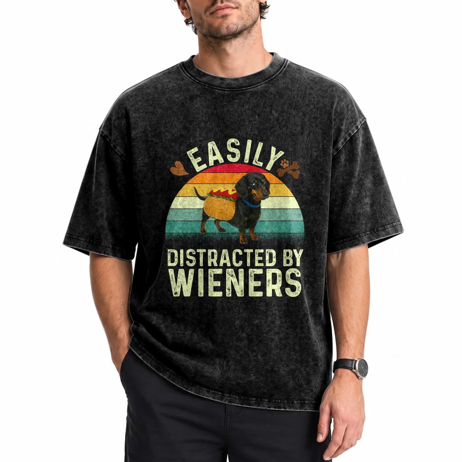 Easily Distracted By Wieners Washed Cotton T-Shirt Funny Dachshund Dog In A Hot Dog Costume