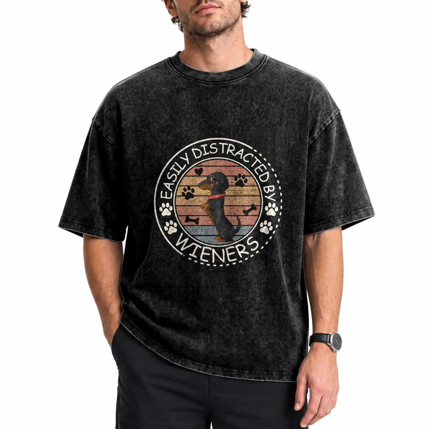 Easily Distracted By Wieners Washed Cotton T-Shirt Dachshund Dog Lover Retro Sunset