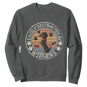 Easily Distracted By Wieners Sweatshirt Dachshund Dog Lover Retro Sunset TS12 Dark Heather Print Your Wear