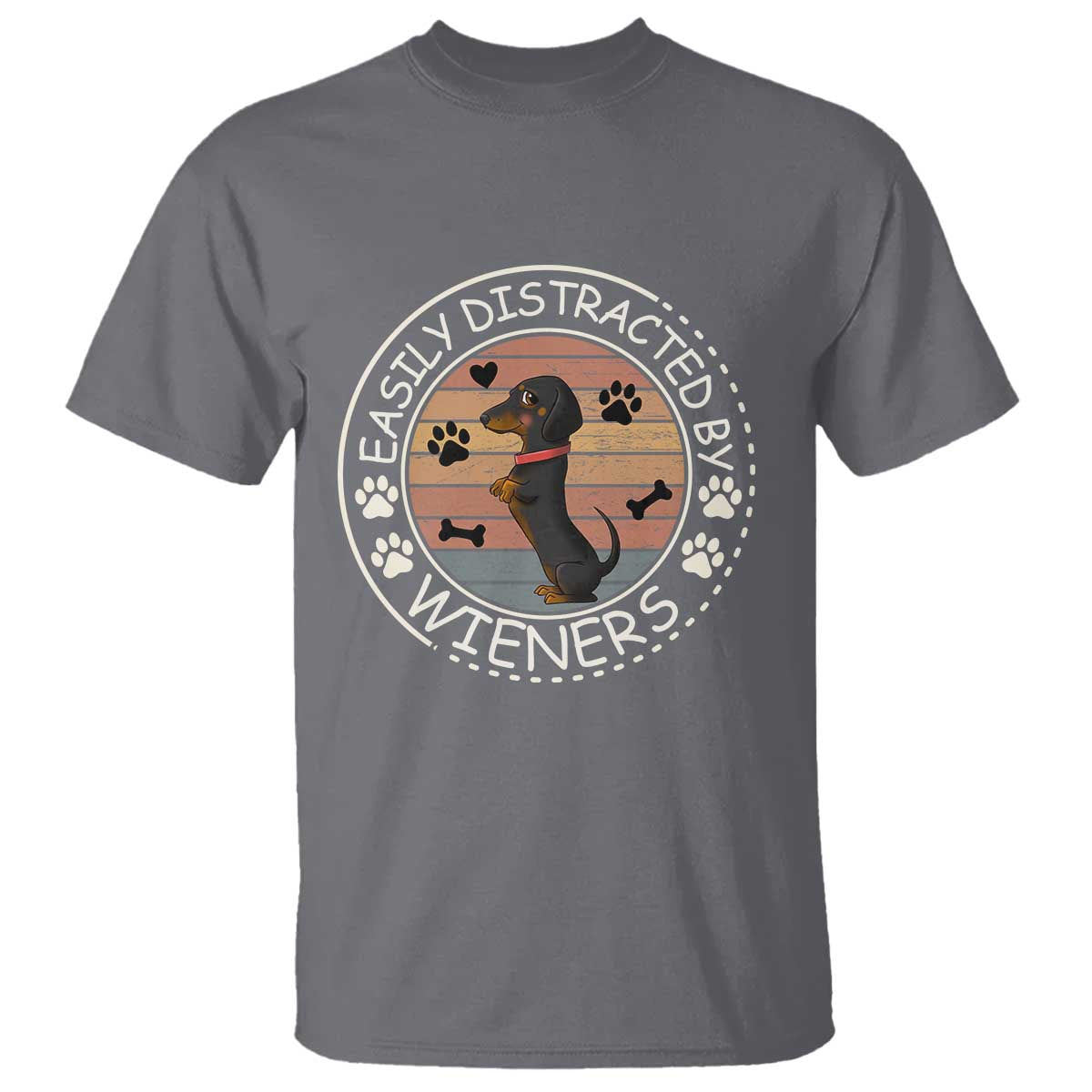 Easily Distracted By Wieners T Shirt Dachshund Dog Lover Retro Sunset TS12 Charcoal Print Your Wear