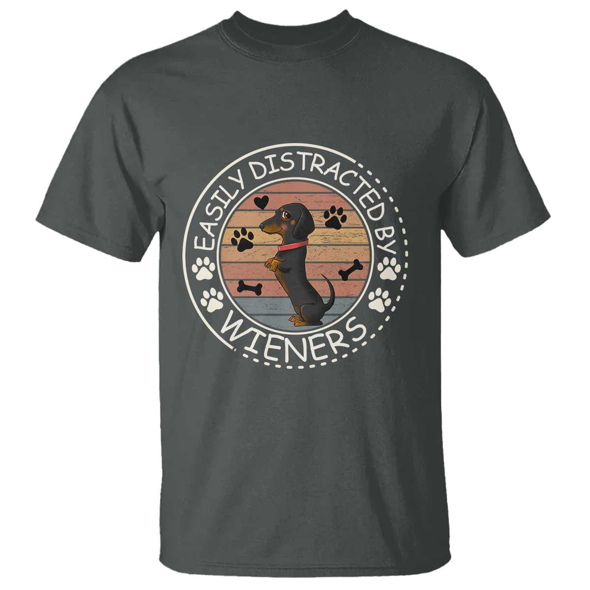 Easily Distracted By Wieners T Shirt Dachshund Dog Lover Retro Sunset TS12 Dark Heather Print Your Wear