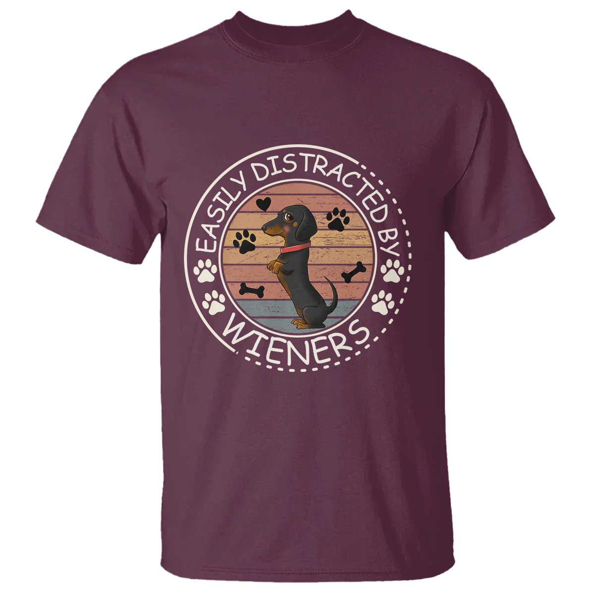 Easily Distracted By Wieners T Shirt Dachshund Dog Lover Retro Sunset TS12 Maroon Print Your Wear