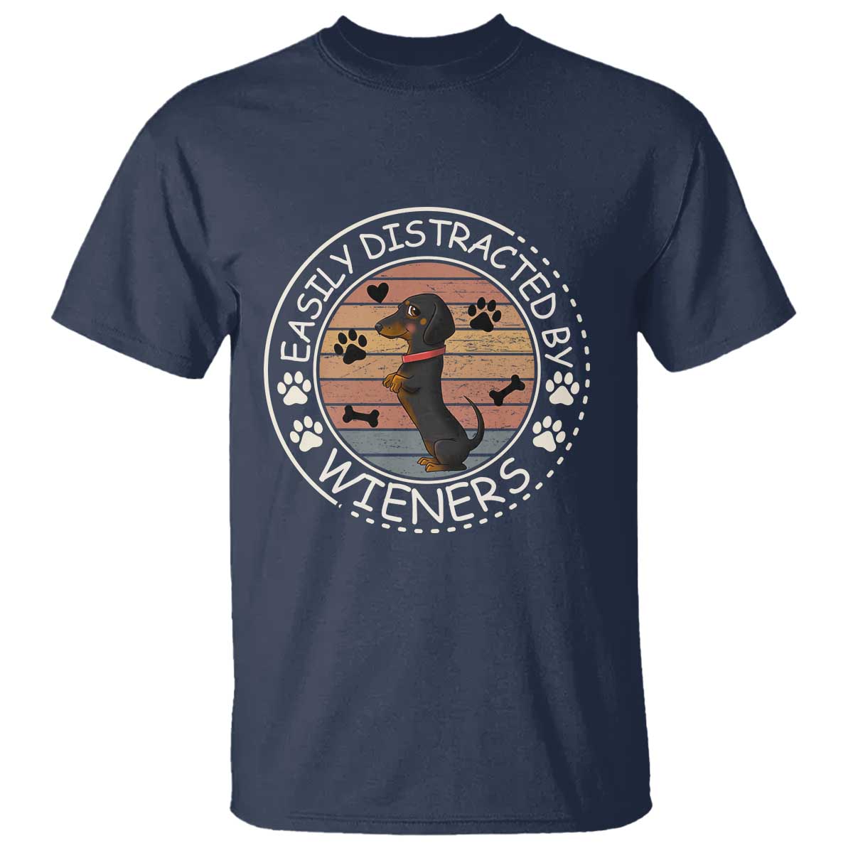 Easily Distracted By Wieners T Shirt Dachshund Dog Lover Retro Sunset TS12 Navy Print Your Wear