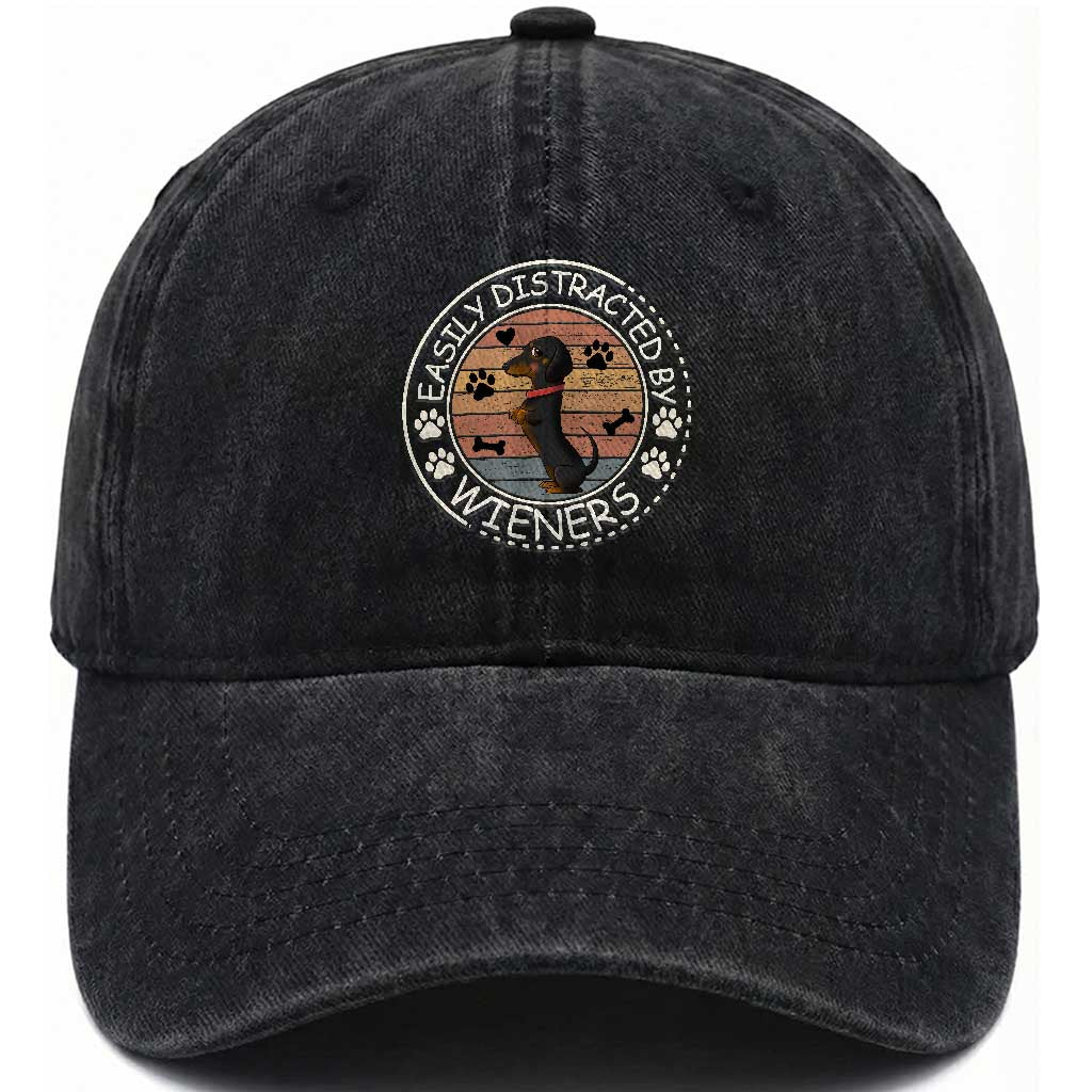 Easily Distracted By Wieners Washed Cotton Baseball Cap Dachshund Dog Lover Retro Sunset TS12 Print Your Wear