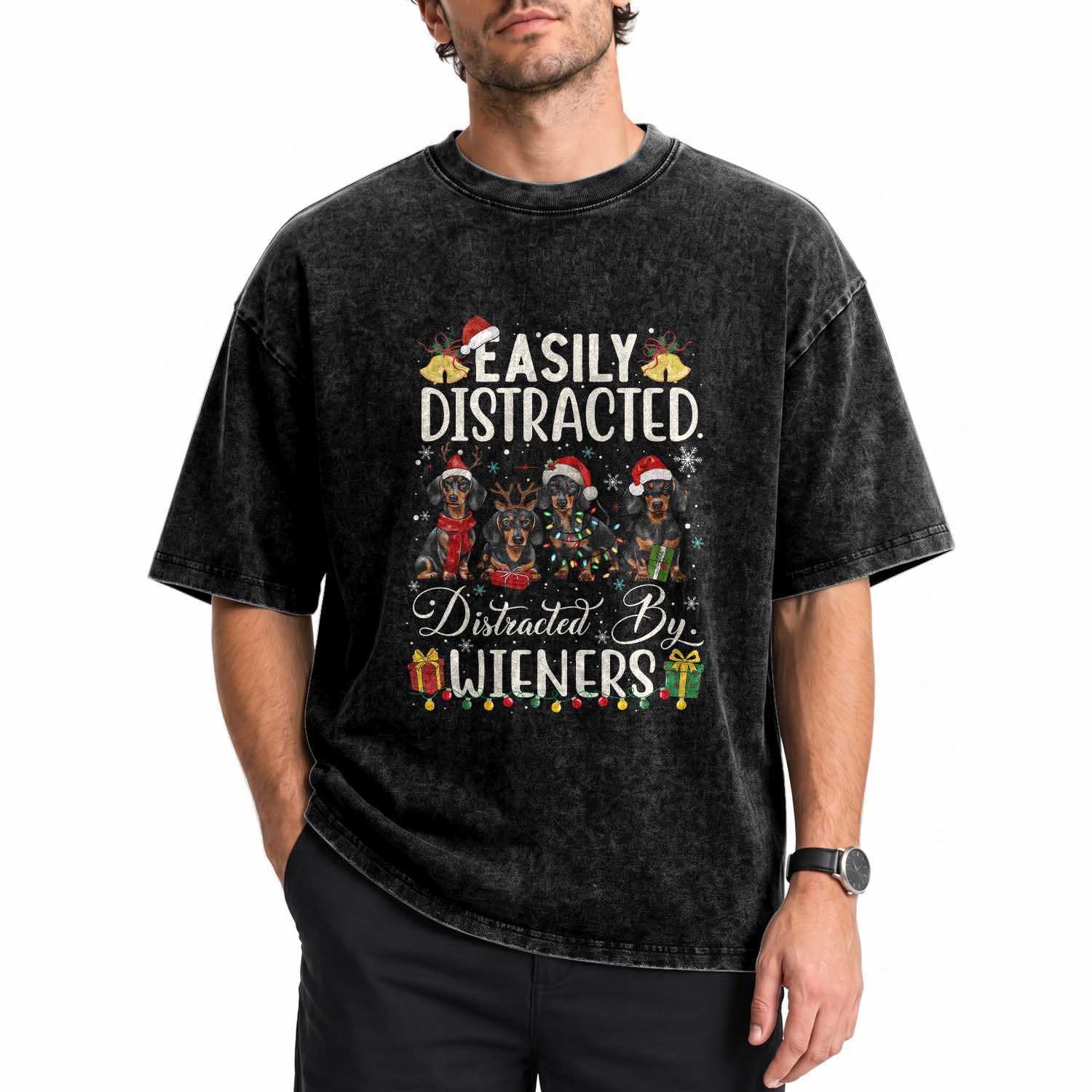 Christmas Dachshund Washed Cotton T-Shirt Funny Easily Distracted By Wieners