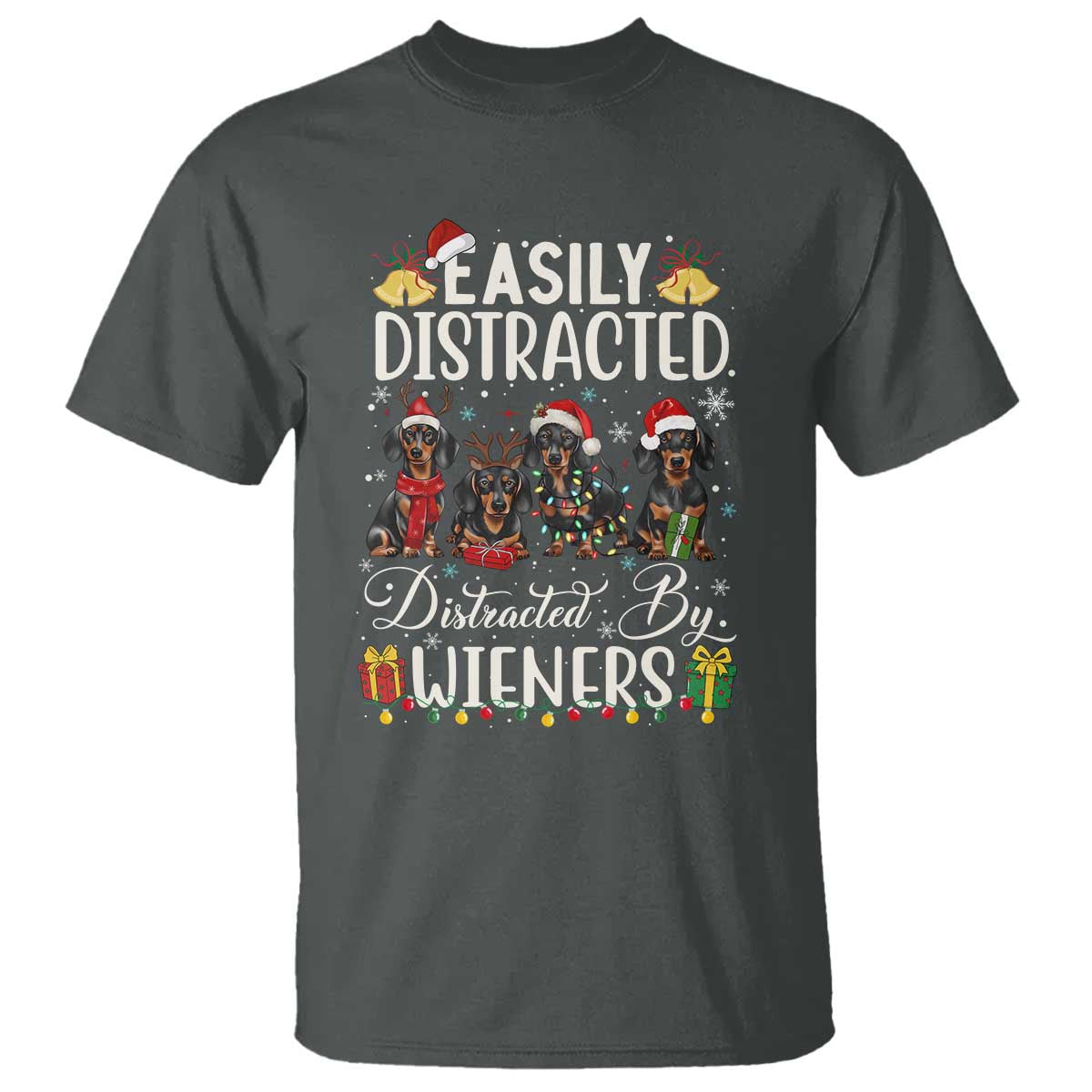 Christmas Dachshund T Shirt Funny Easily Distracted By Wieners TS12 Dark Heather Print Your Wear