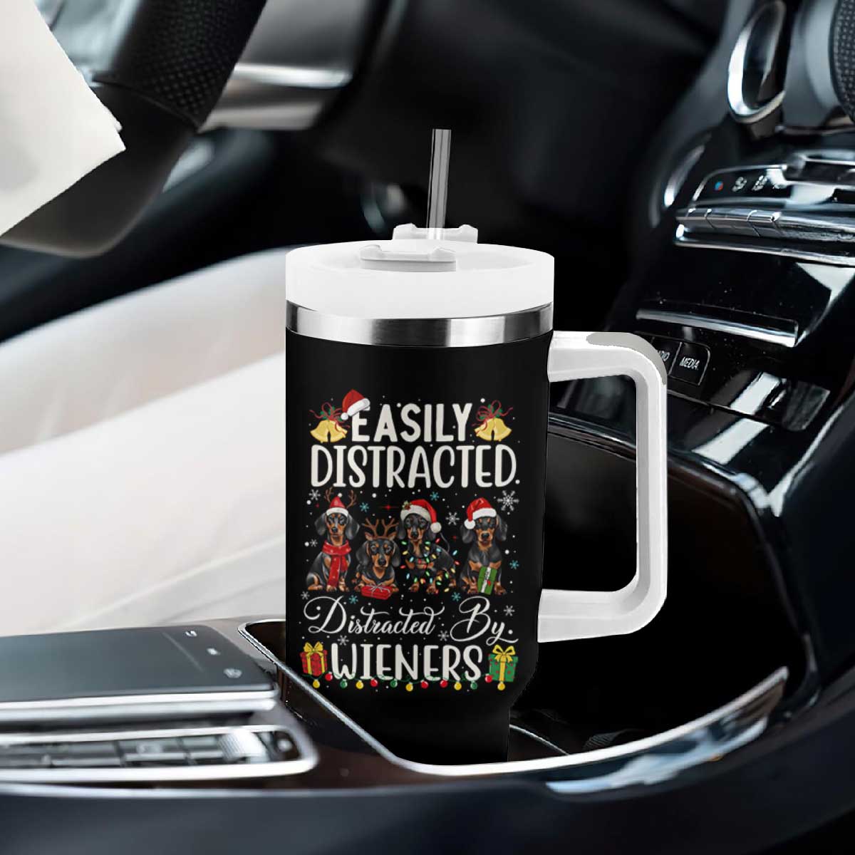 Christmas Dachshund Tumbler With Handle Funny Easily Distracted By Wieners TS12 Print Your Wear