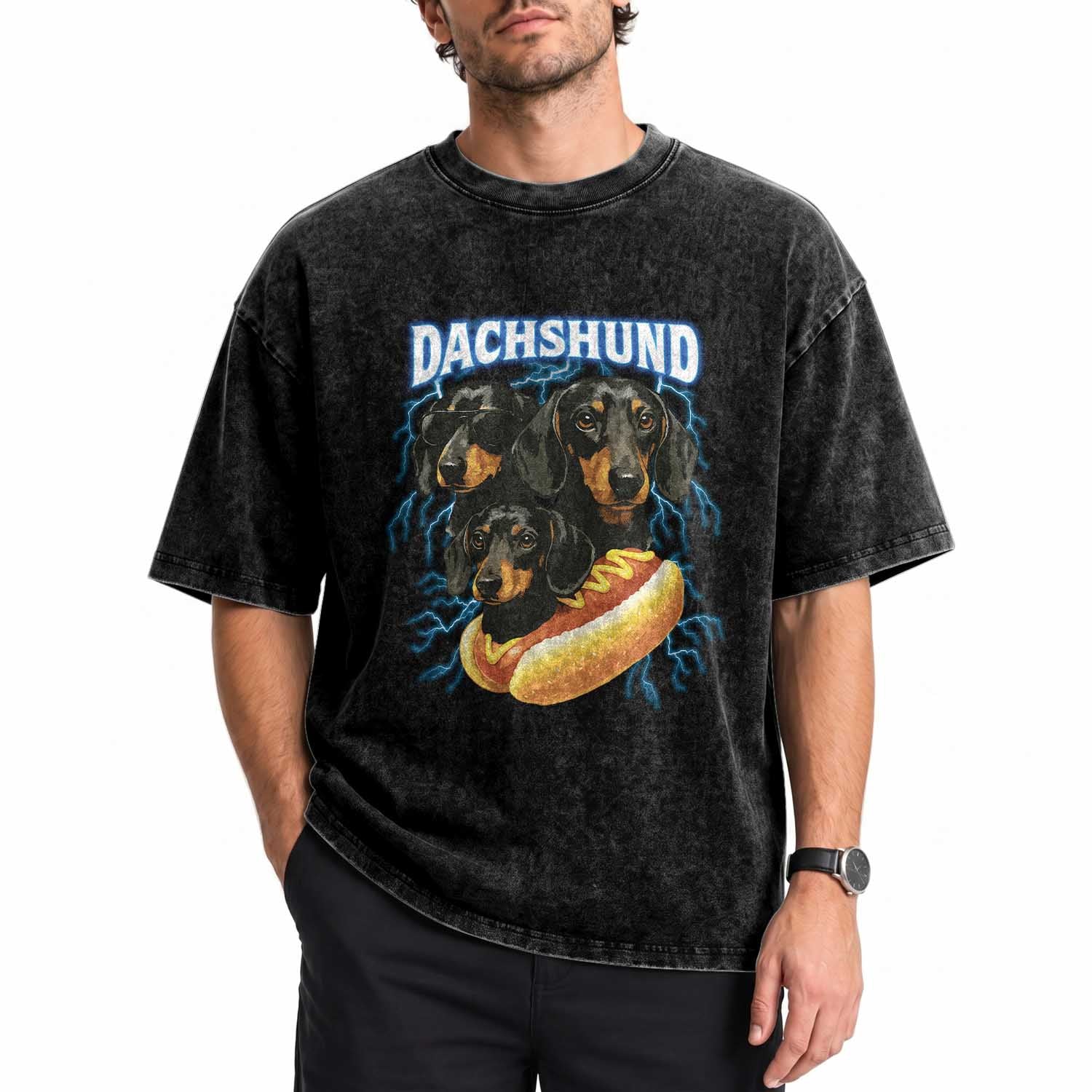 Dog Meme Washed Cotton T-Shirt Funny Dachshund Dog In A Hot Dog Costume