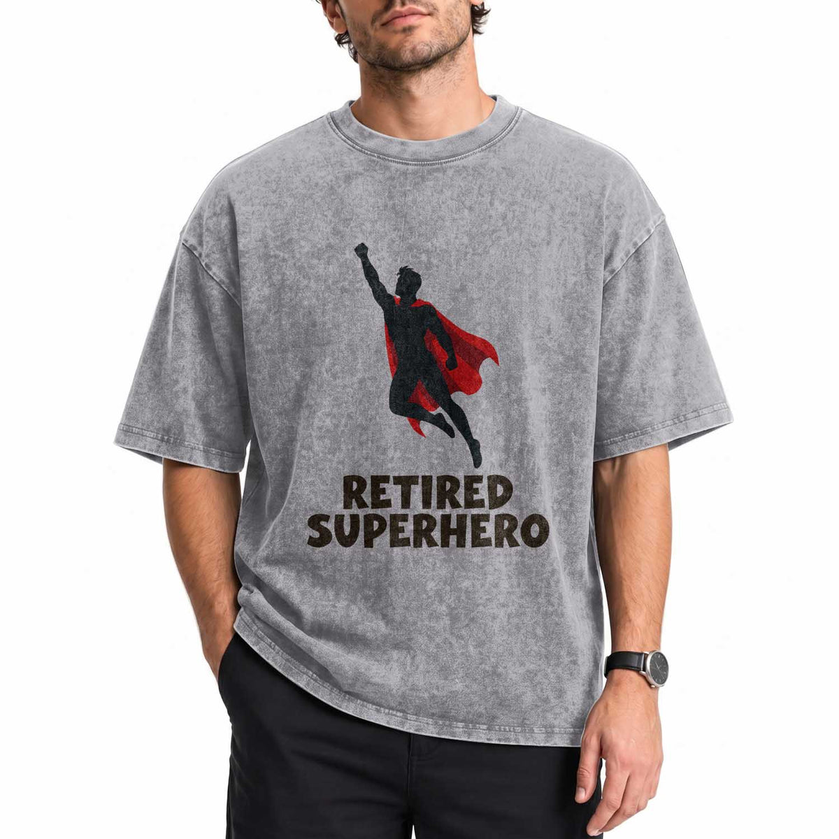 Retired Superhero Retirement Gift Washed Cotton T-Shirt Flying Red Cape Silhouette Graphic