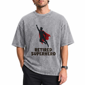 Retired Superhero Retirement Gift Washed Cotton T-Shirt Flying Red Cape Silhouette Graphic
