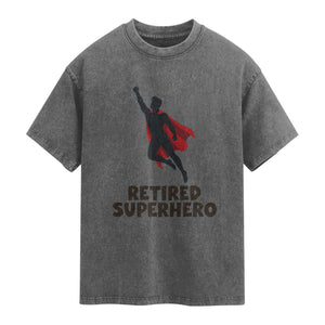 Retired Superhero Retirement Gift Washed Cotton T-Shirt Flying Red Cape Silhouette Graphic