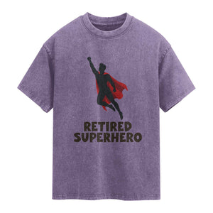 Retired Superhero Retirement Gift Washed Cotton T-Shirt Flying Red Cape Silhouette Graphic