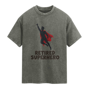 Retired Superhero Retirement Gift Washed Cotton T-Shirt Flying Red Cape Silhouette Graphic