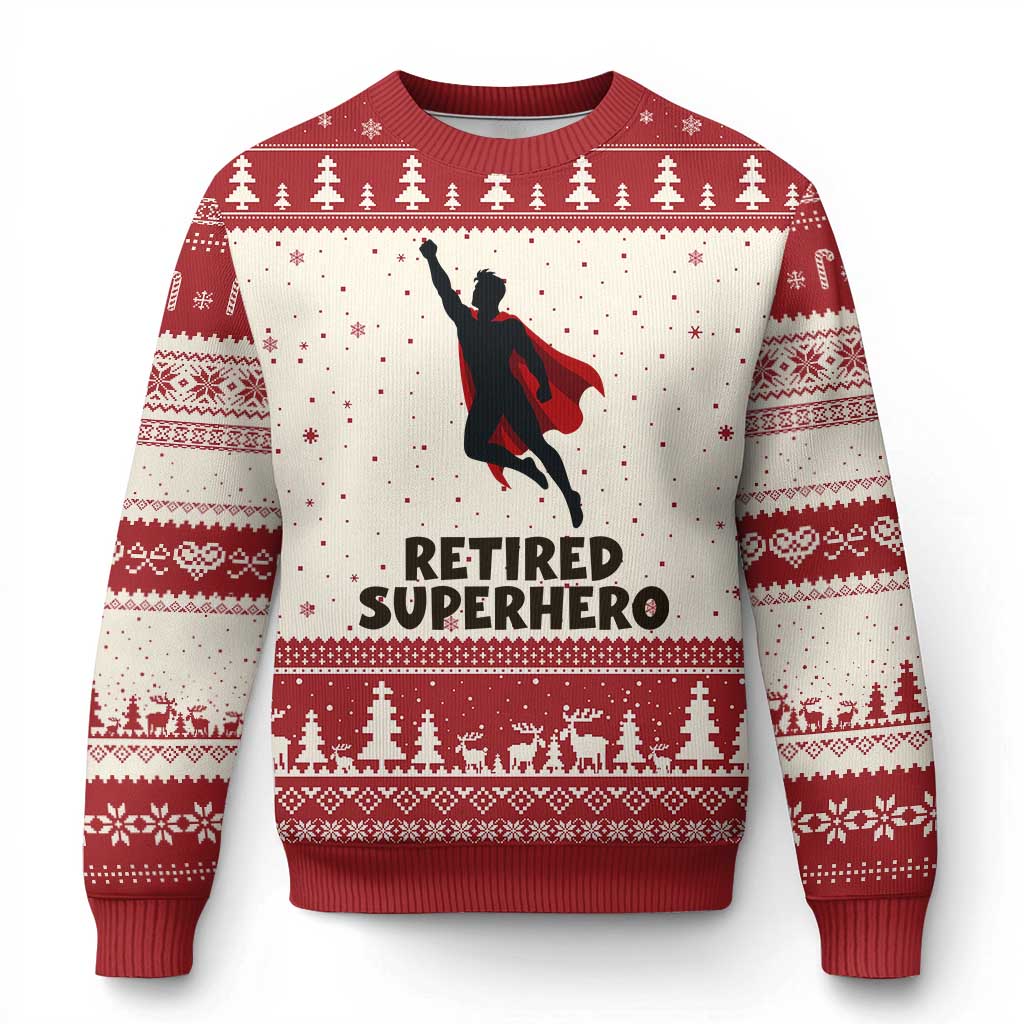 Retired Superhero Retirement Gift Ugly Christmas Sweater Flying Red Cape Silhouette Graphic TS12 Beige Red Print Your Wear