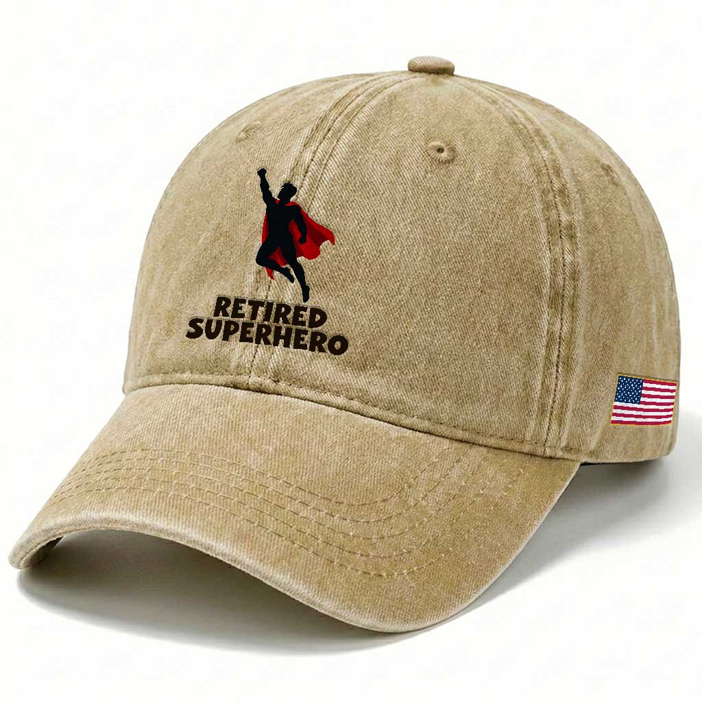 Retired Superhero Retirement Gift Washed Cotton Baseball Cap Flying Red Cape Silhouette Graphic TS12 Print Your Wear