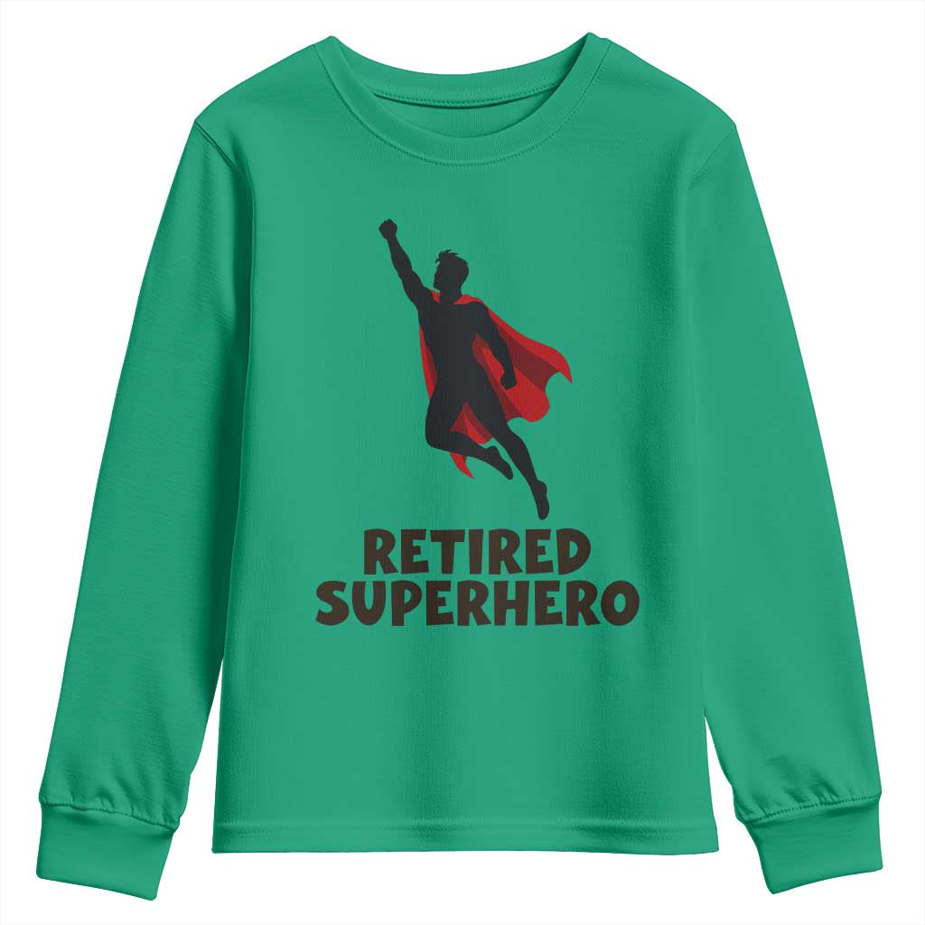Retired Superhero Retirement Gift Youth Sweatshirt Flying Red Cape Silhouette Graphic TS12 Irish Green Print Your Wear