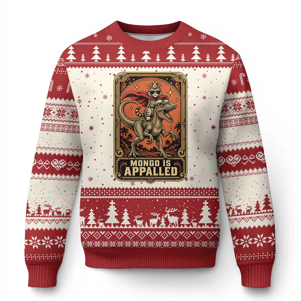 Funny Royal Cat Riding Dinosaur Ugly Christmas Sweater Fantasy Reader Tarot Card Gift