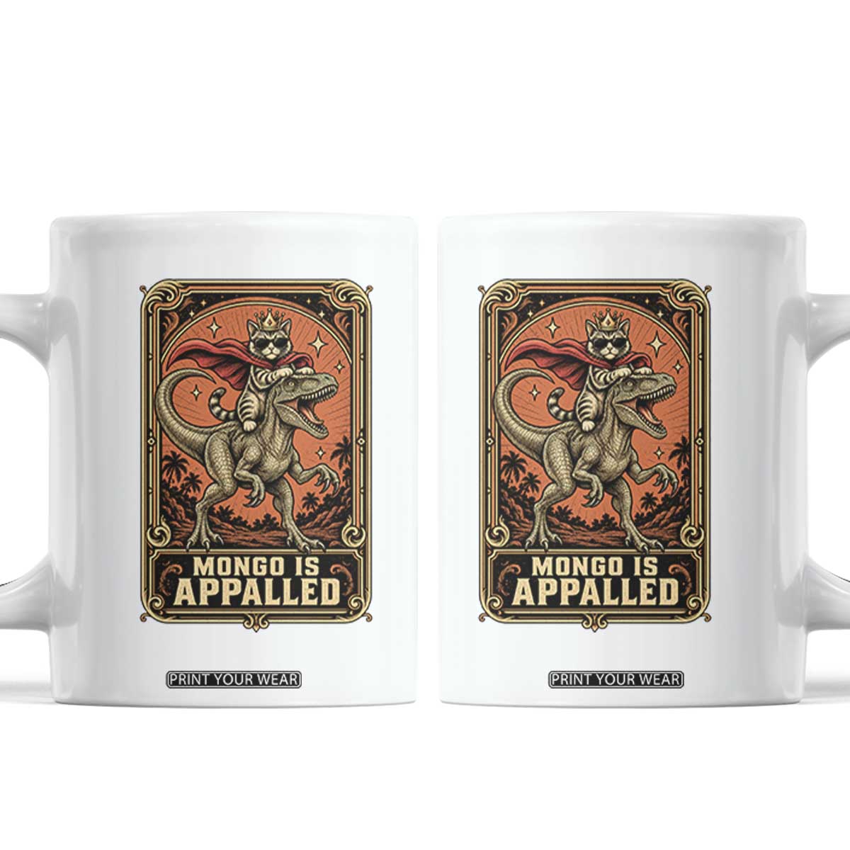 Funny Royal Cat Riding Dinosaur Coffee Mug Fantasy Reader Tarot Card Gift