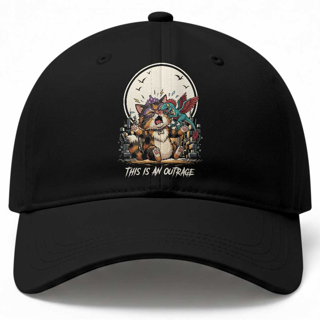 This Is An Outrage Princess Cat Baseball Cap Funny Raptor Biting Nose Fantasy Book Lover Gift