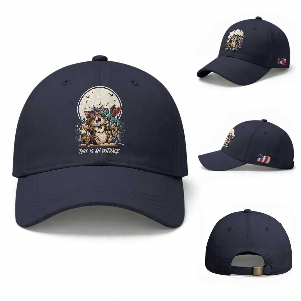 This Is An Outrage Princess Cat Baseball Cap Funny Raptor Biting Nose Fantasy Book Lover Gift