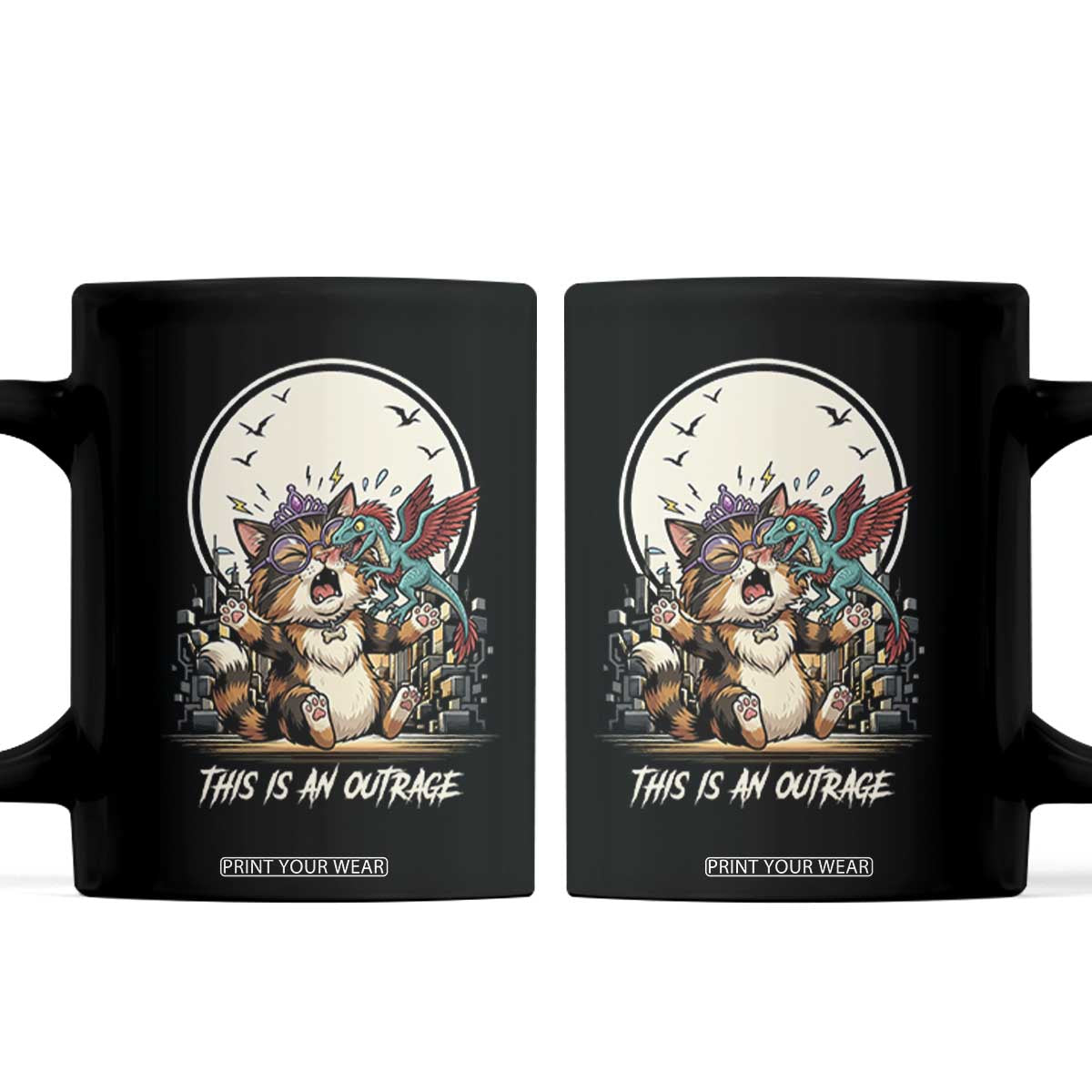 This Is An Outrage Princess Cat Coffee Mug Funny Raptor Biting Nose Fantasy Book Lover Gift