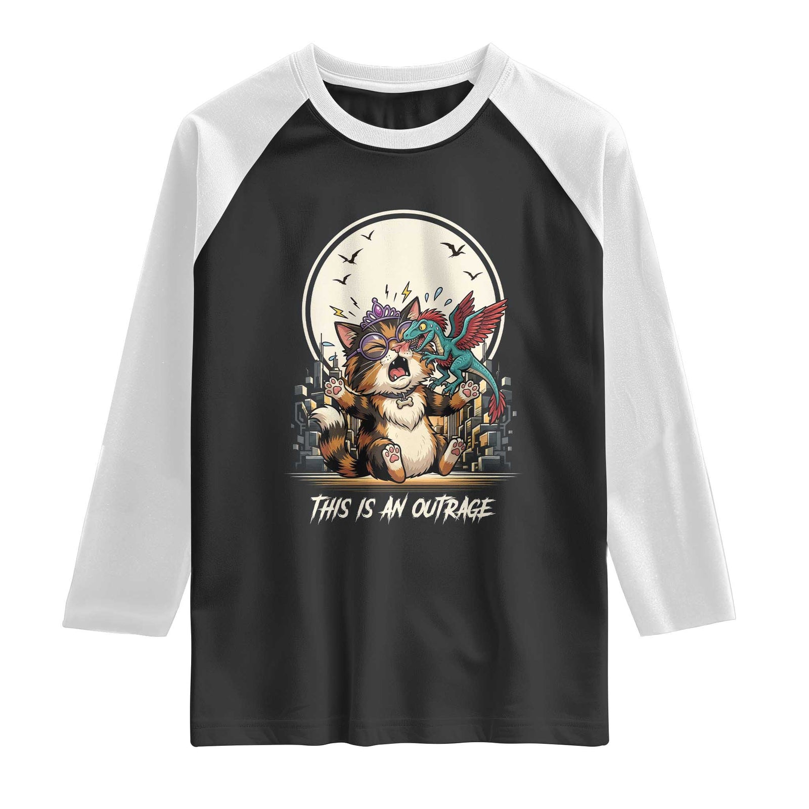 This Is An Outrage Princess Cat Raglan Shirt Funny Raptor Biting Nose Fantasy Book Lover Gift