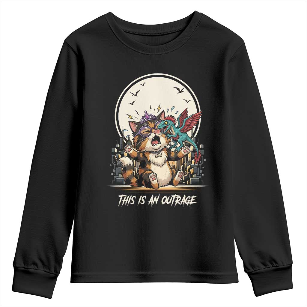 This Is An Outrage Princess Cat Youth Sweatshirt Funny Raptor Biting Nose Fantasy Book Lover Gift