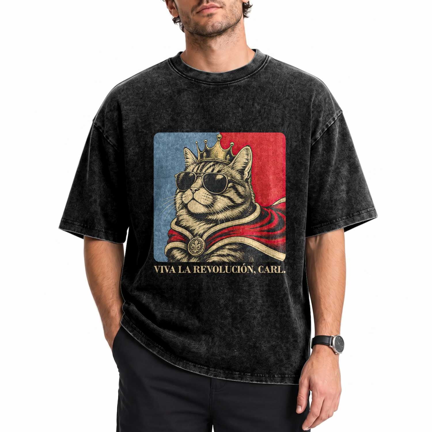 Viva La Revolucion Carl Washed Cotton T-Shirt Funny Royal Princess Cat Meme Gift