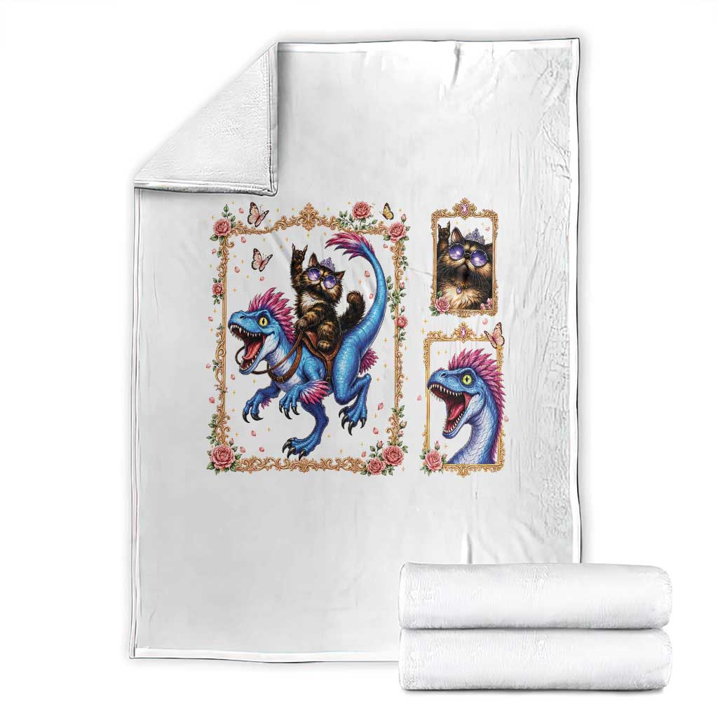 Royal Princess Cat Riding Dinosaur Throw Blanket Floral Gold Frame Vintage Book Lover Gift