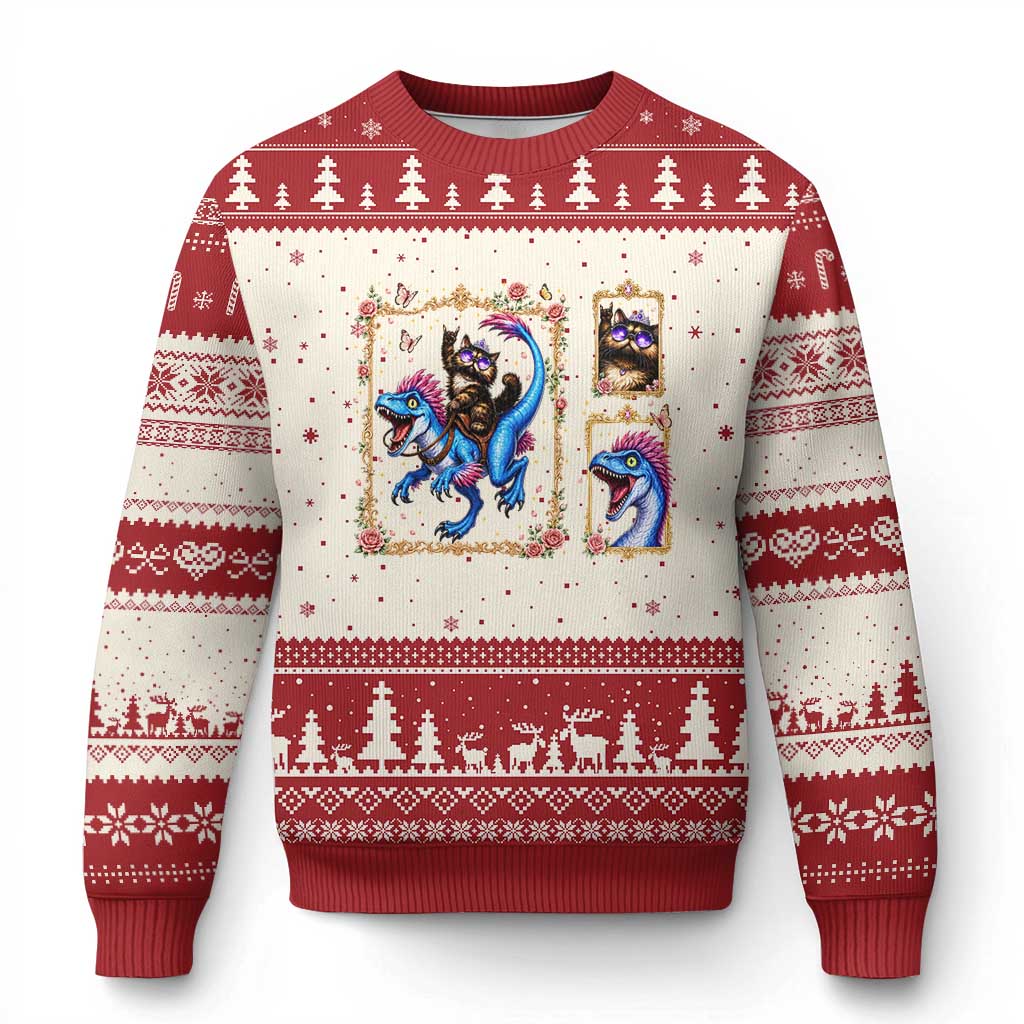 Royal Princess Cat Riding Dinosaur Ugly Christmas Sweater Floral Gold Frame Vintage Book Lover Gift