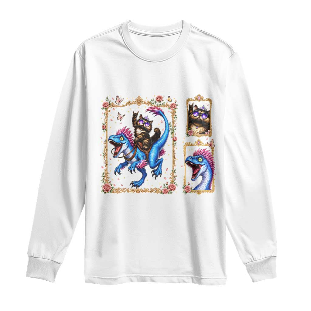 Royal Princess Cat Riding Dinosaur Long Sleeve Shirt Floral Gold Frame Vintage Book Lover Gift