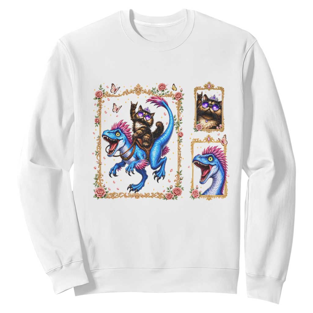 Royal Princess Cat Riding Dinosaur Sweatshirt Floral Gold Frame Vintage Book Lover Gift