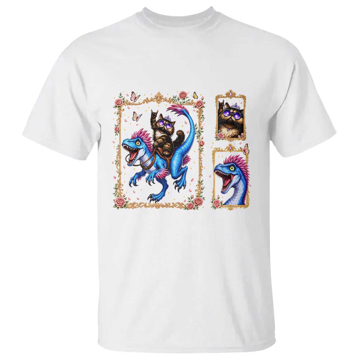 Royal Princess Cat Riding Dinosaur T Shirt Floral Gold Frame Vintage Book Lover Gift