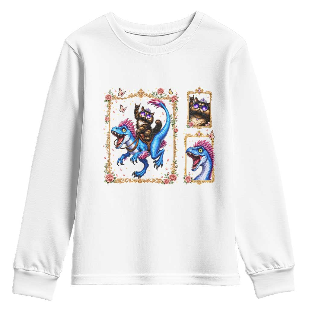 Royal Princess Cat Riding Dinosaur Youth Sweatshirt Floral Gold Frame Vintage Book Lover Gift
