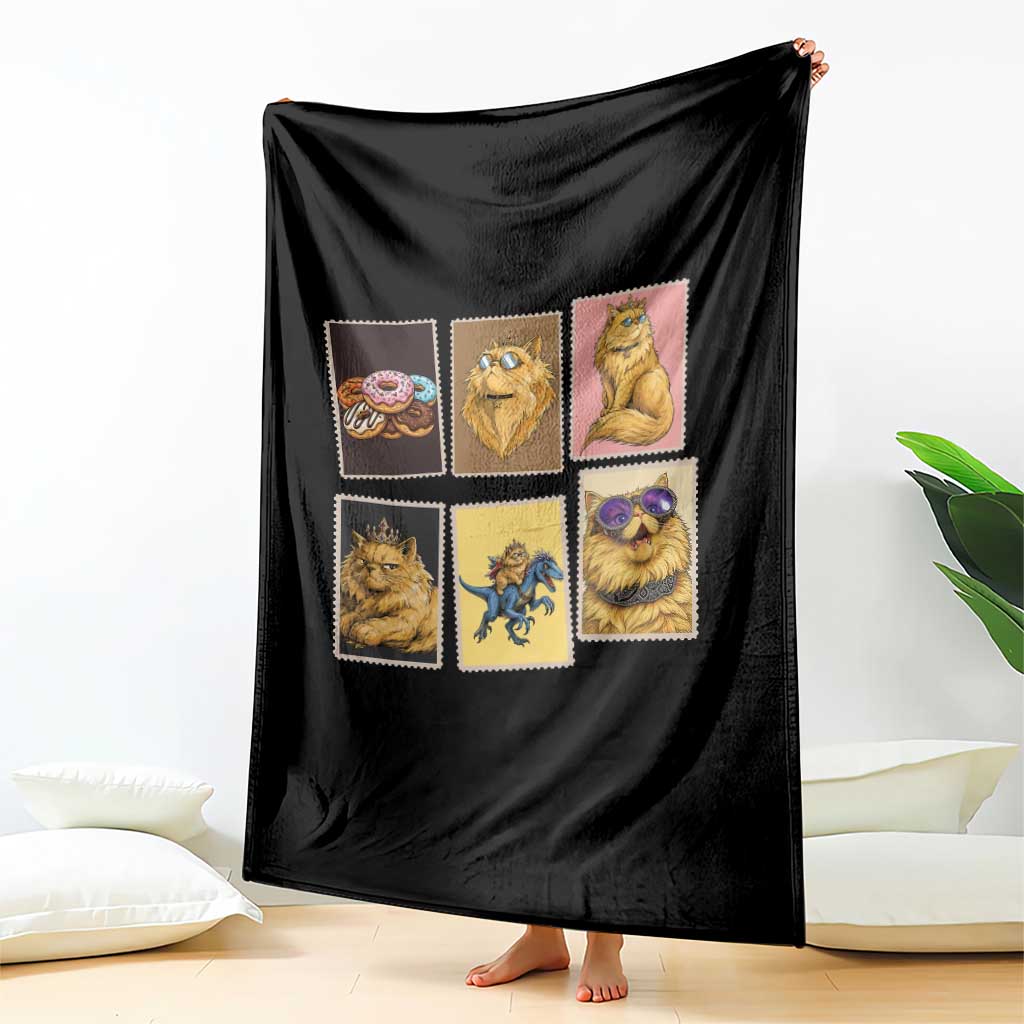Vintage Postage Stamp Princess Cat Throw Blanket Raptor Lover Fancy Royal Cat Gift