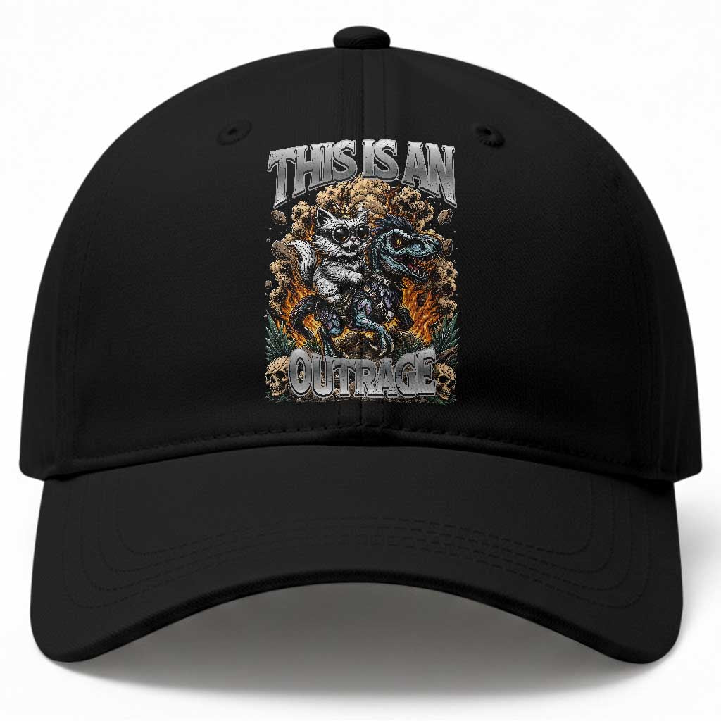 Gothic This Is An Outrage Princess Cat Riding Dinosaur Baseball Cap Fantasy Reader Gift
