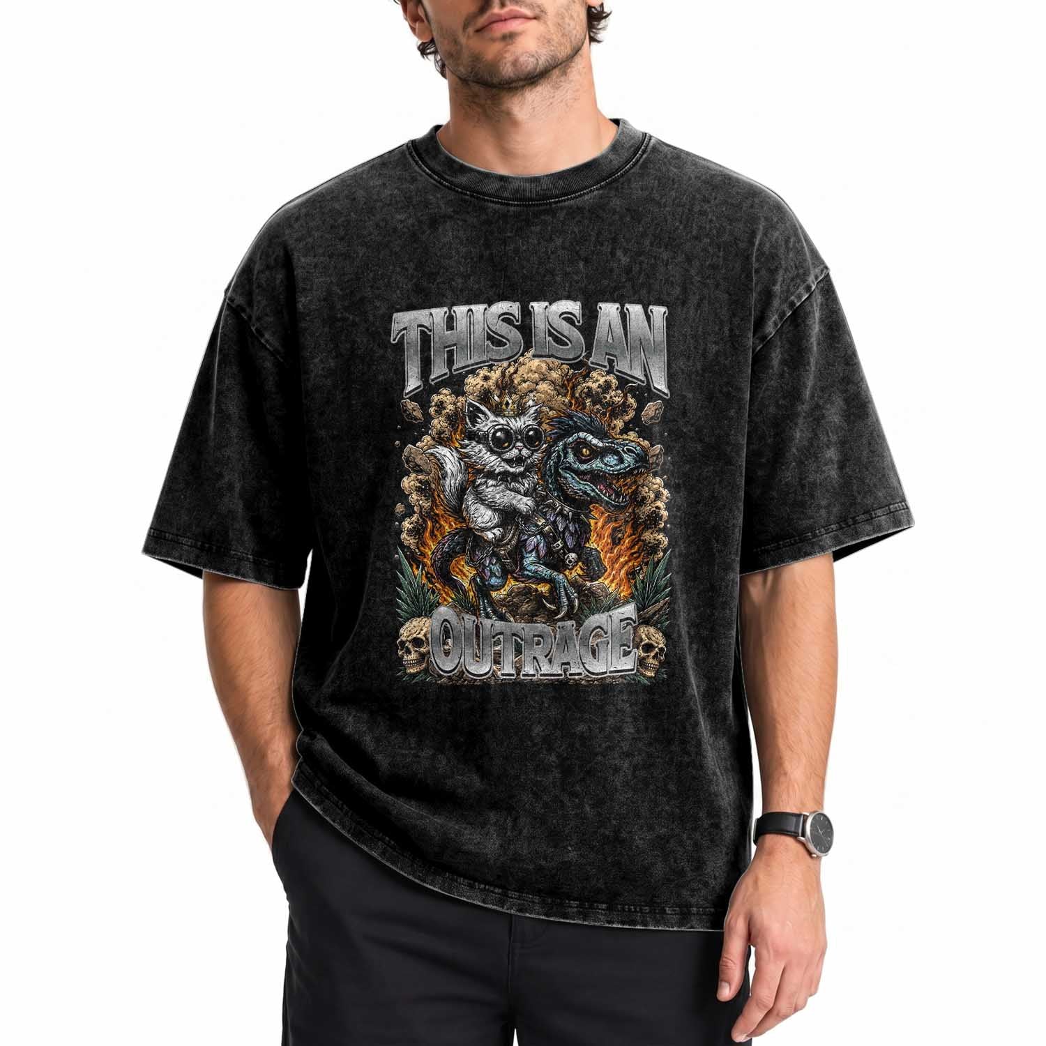 Gothic This Is An Outrage Princess Cat Riding Dinosaur Washed Cotton T-Shirt Fantasy Reader Gift