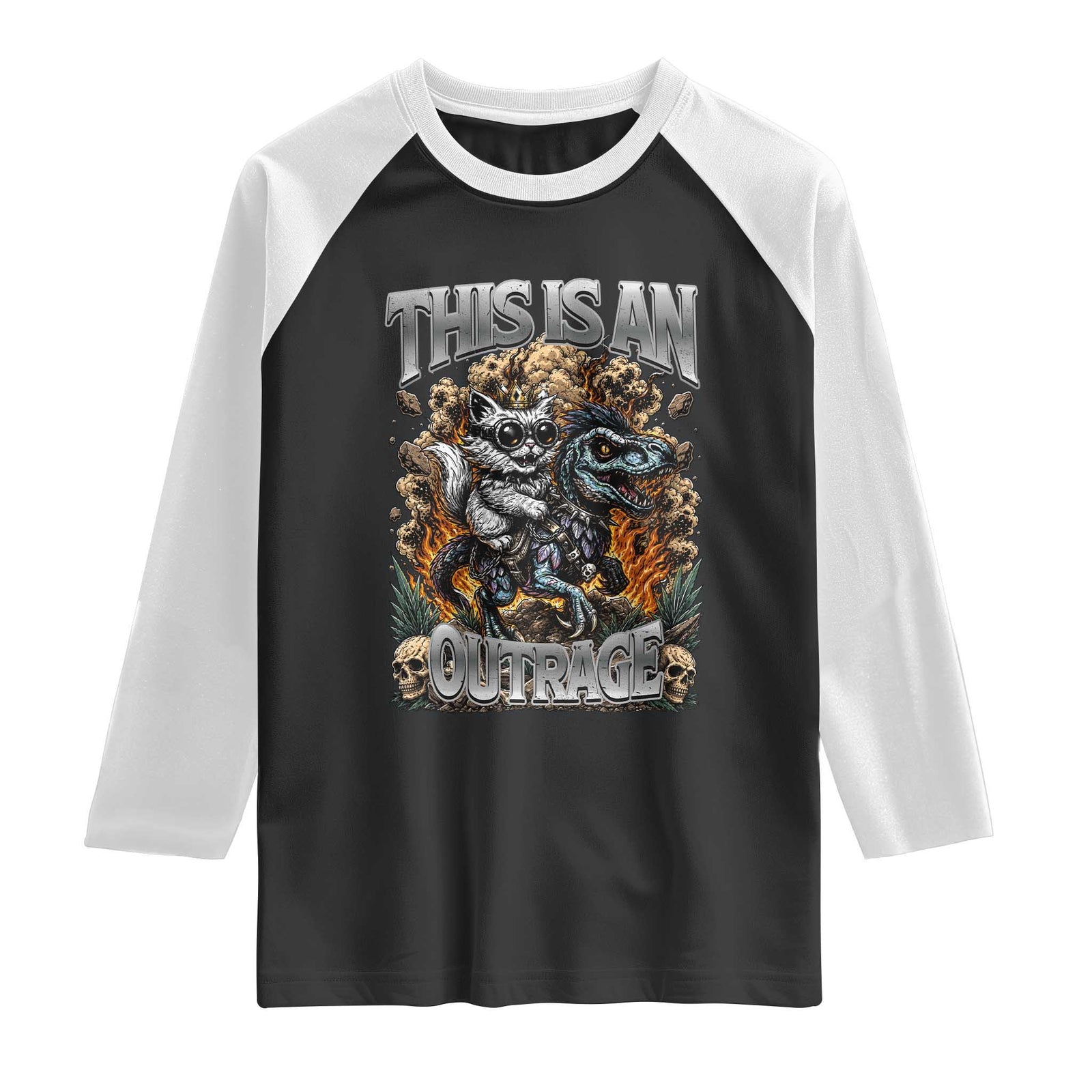 Gothic This Is An Outrage Princess Cat Riding Dinosaur Raglan Shirt Fantasy Reader Gift
