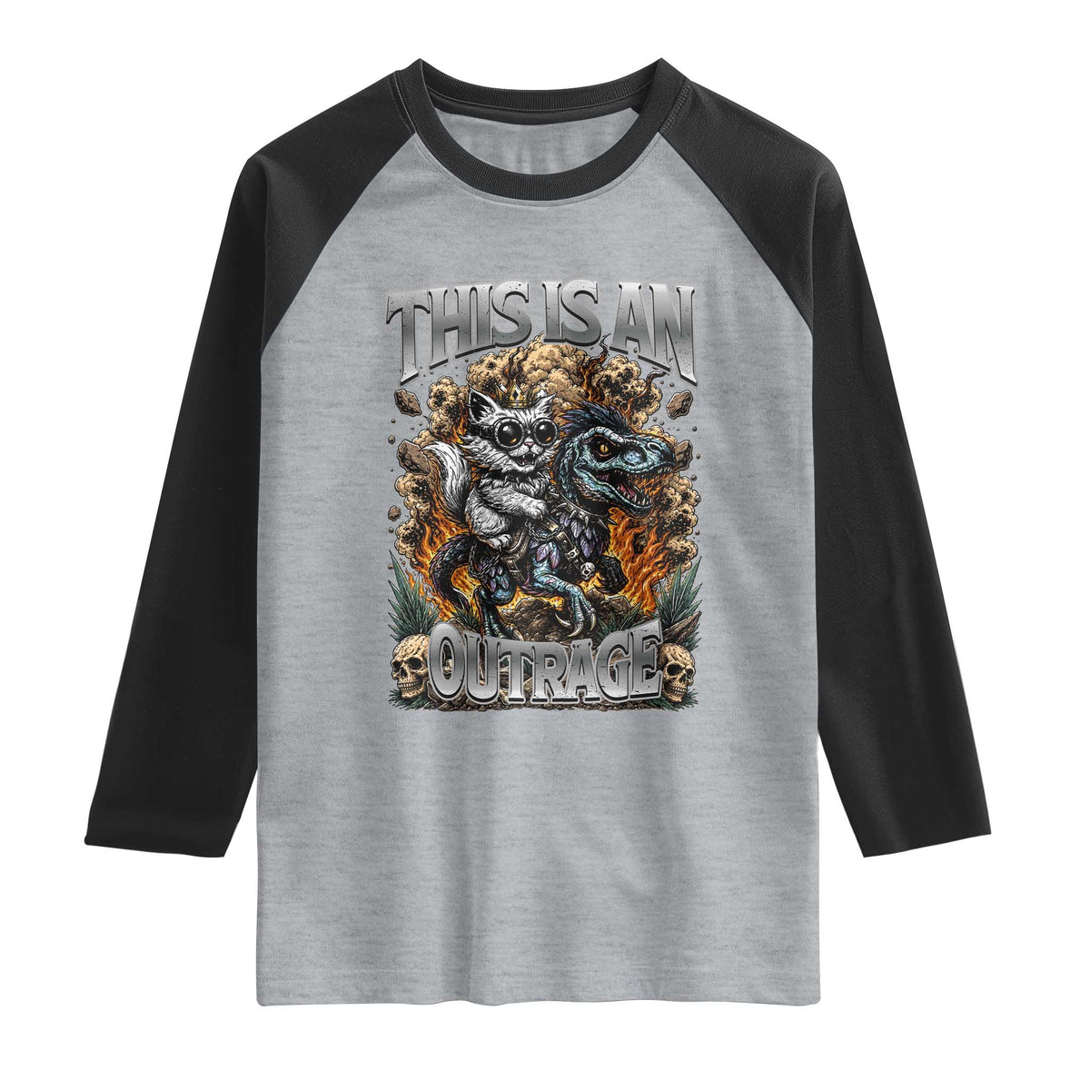 Gothic This Is An Outrage Princess Cat Riding Dinosaur Raglan Shirt Fantasy Reader Gift