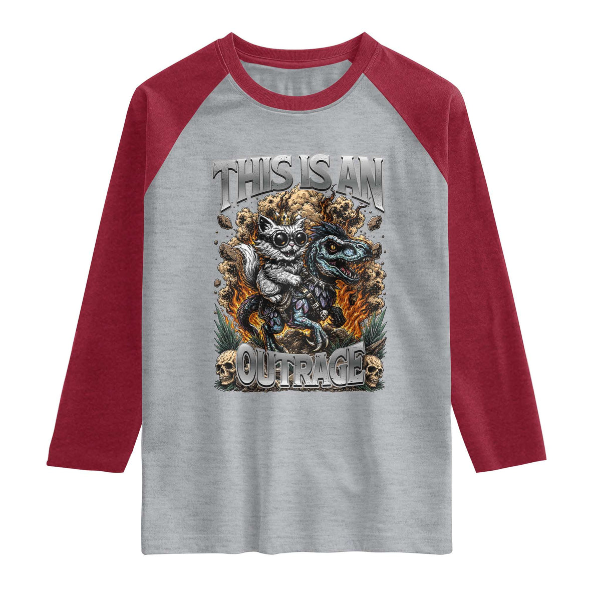 Gothic This Is An Outrage Princess Cat Riding Dinosaur Raglan Shirt Fantasy Reader Gift