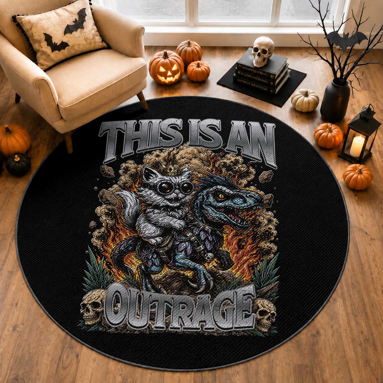 Gothic This Is An Outrage Princess Cat Riding Dinosaur Round Rug Fantasy Reader Gift